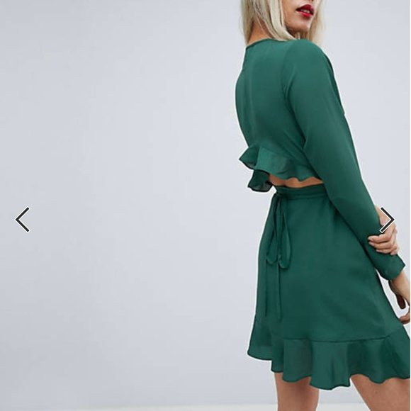 ASOS Ruffle Wrap Mini Dress Green - Picture 2 of 3